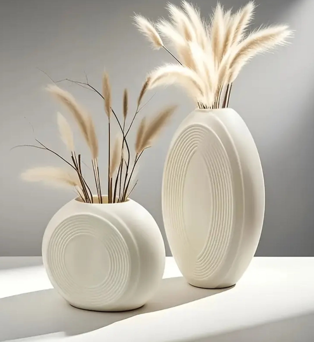 2pcs decent Style Vase Set - Matte White Plastic Vases with Ring Pattern, Shatterproof Lightweight Tall and Short Combination, Suitable for Dried or Fresh Flowers, Ideal for Entryway or Living Room Decor, Housewarming Gifts
